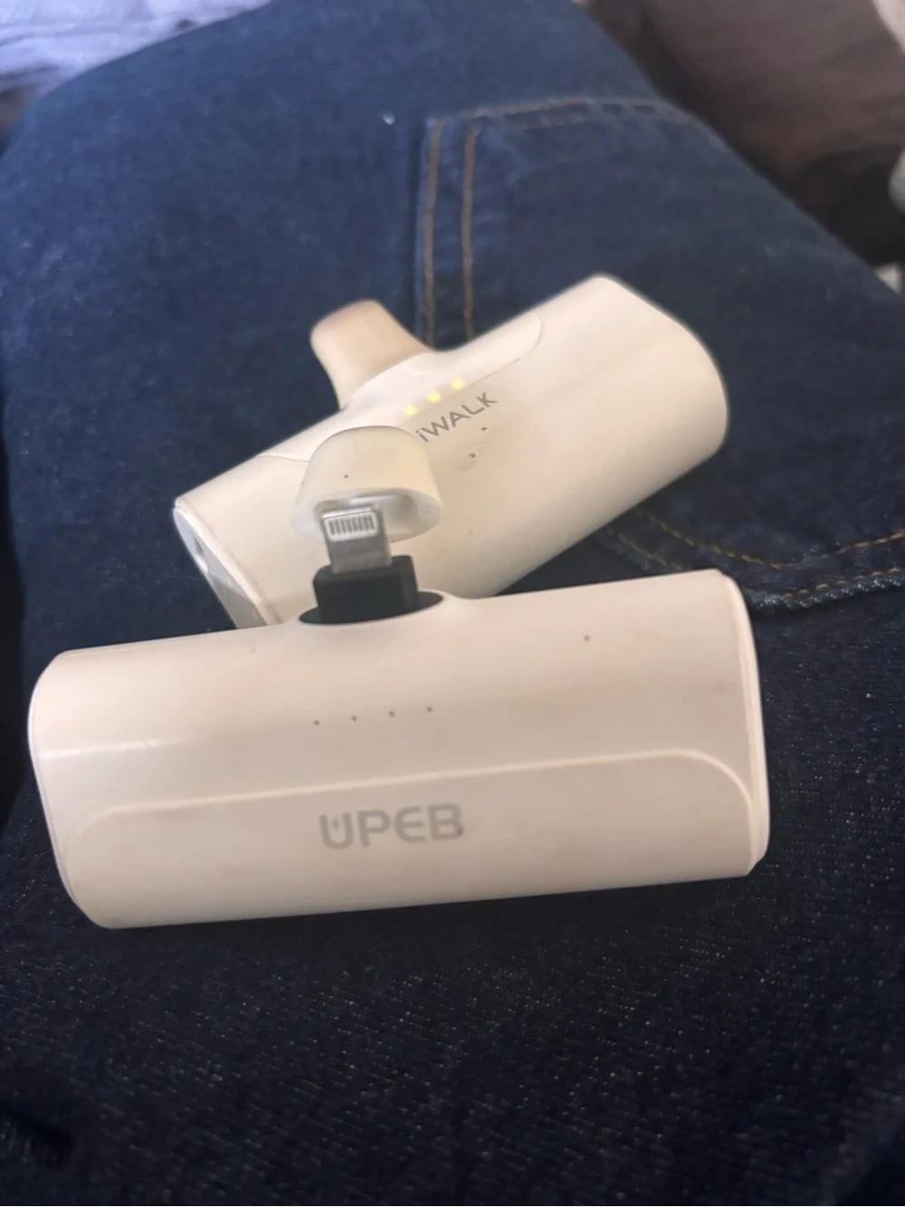 2 White Portable Power Bank with Built-In Cable - White